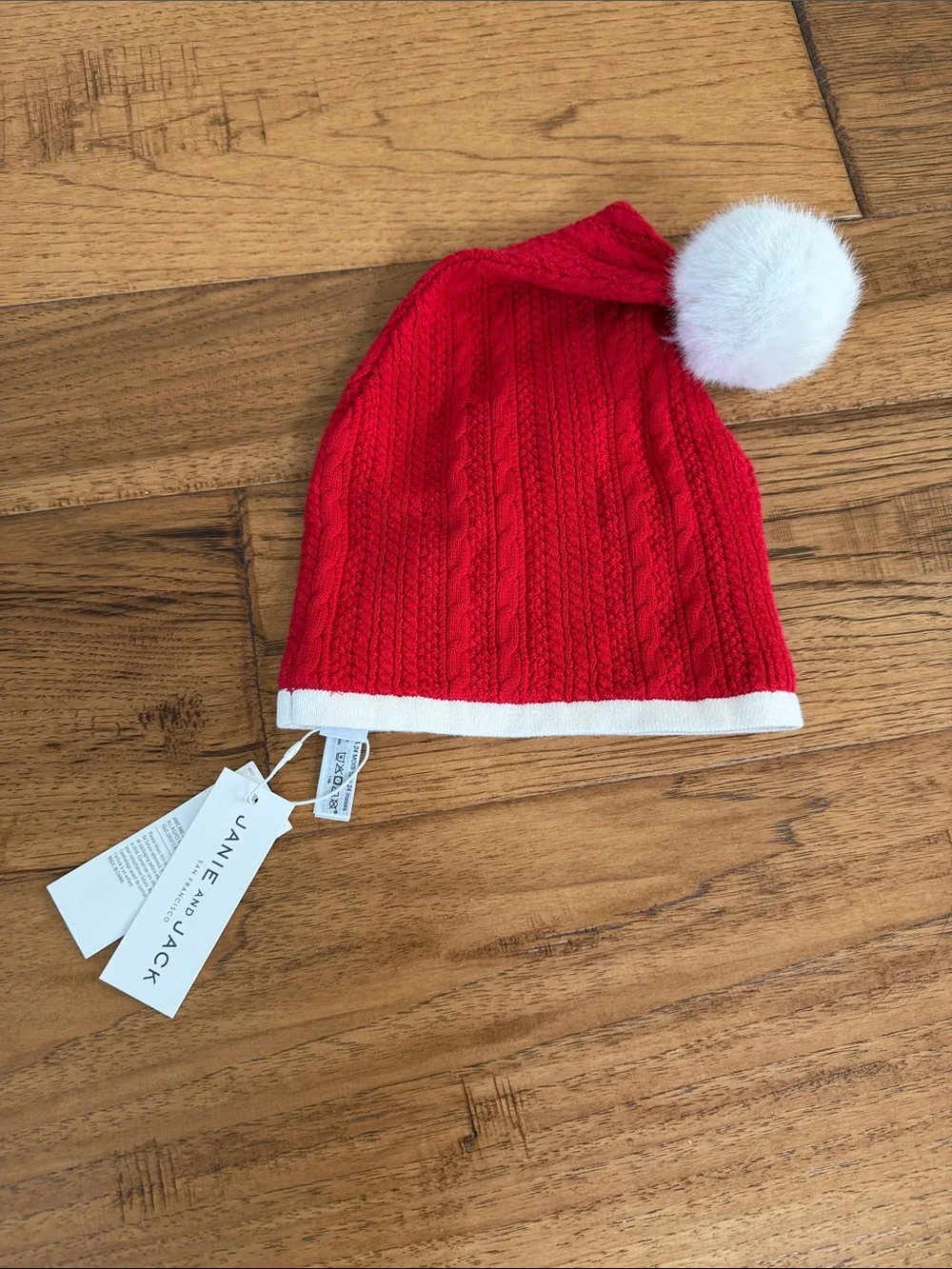 New Cable-Knit Kids Pom Beanie in Red with White Trim (18-24M)
